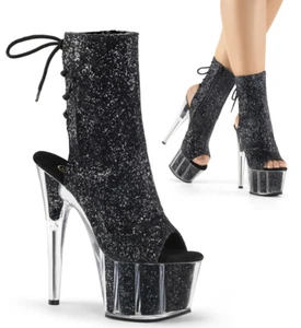 ADORE-1018G Pleaser High-Heels Fersen- u Zehenfreie Stiefeletten schwarz Glitter - Picture 1 of 1