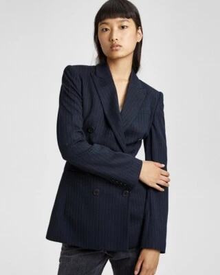 THEORY Power Jacket Pinstripe Knit Double Breasted Sz 8  $425 black - Image 1 of 4