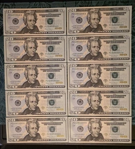  $20 Dollar Bills. 2 identical Sequential Runs 5 Bills ea. only 6th # Different  - Picture 1 of 5