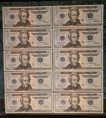  $20 Dollar Bills. 2 identical Sequential Runs 5 Bills ea. only 6th # Different  - Image 1 of 4