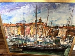 Petar Jovanovic ? St. Tropez, 1968 Öl auf Leinwand, 25 x 20 Zoll Segelboote Dock - Bild 1 von 3