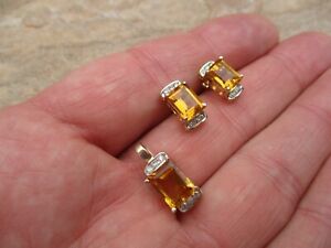 14K YELLOW GOLD Emerald Cut Citrine Diamond Accent Earrings & Pendant Set