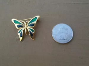 Vintage New View Butterfly Pin  Black/Green Enamel  Gold Tone - Picture 1 of 3