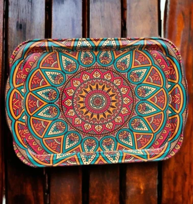 Colorful Metal Tray, 12.25" x 8.5" Decorative Coffee / Tea Serving Tray, Turkish - Image 1 of 4