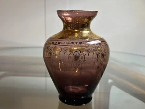 Vintage Vecchia Murano vase Purple with 24K Gold trim signed 5” tall - Picture 1 of 16