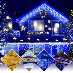 LED Eisregen Außen Innen Lichterkette Lichtervorhang Eiszapfen Warmweiß Strom DE - Bild 1 von 17
