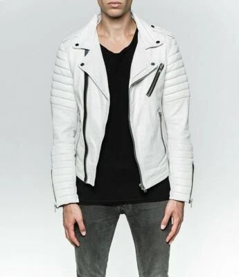 New Men Designer Genuine white quilted Lambskin Soft Biker Leather Jacket - Image 1 of 4