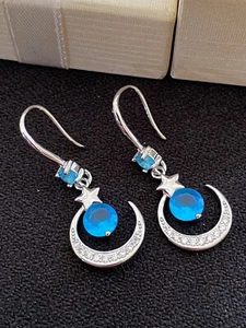 Fun Fashion Bright Blue Crystal Silver Tone Moon & Stars Drop Dangle Earrings - Picture 1 of 6
