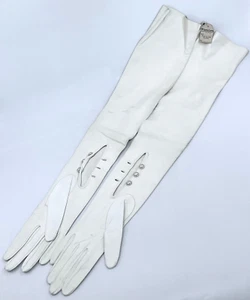 Gloves White Kid Leather 1950s Lauffer Spain Size 6.5 Opera Length Pearl Buttons - Picture 1 of 22