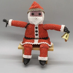 ZUNI BEADED SANTA ON WOOD BENCH by LEATRICE CELLICION-NATIVE AMERICAN BEADWORK - Picture 1 of 5