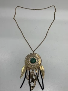 Boho Dreamcatcher Pendant Necklace Turquoise Faux Suede Feathers Gold Tone - Picture 1 of 6