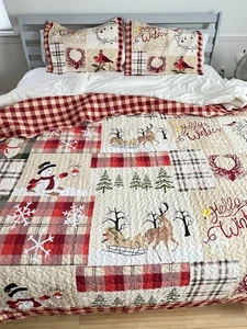 MarCielo Luxury Christmas Queen Patchwork Quilt Pillow Shams 3 piece Set Plaid - Picture 1 of 11