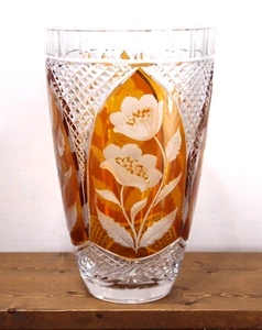 Vintage 10" Czech Bohemian Amber Cut to Clear Floral Crystal Vase ca. 1950 MINT! - Picture 1 of 9