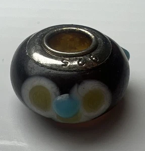 925 Sterling Silver Murano Glass Bead European Slide Charm Purple Green Flowers - Picture 1 of 9