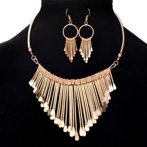 Gold Silver Tassels Collar Necklace And Earrings Set Costume Jewellery - Picture 1 of 8