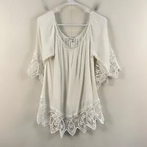 Davi & Dani Womens Large Blouse White Off Shoulder Woven Lace Trim 3/4 Slv 16853 - Picture 1 of 11