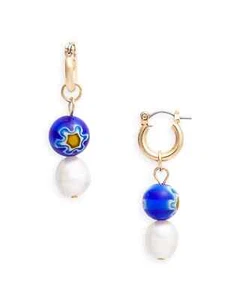 Pendientes de aro con cuentas pintadas con flores AQUA e imitación perlas en placa de oro 14K - Imagen 1 de 1