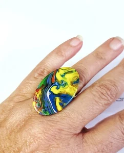 Sobral Patchwork Pesponto Pollock Multi Hue Marbled Artsit Made Ring Size 6.75 - Picture 1 of 8