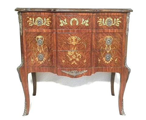 VINTAGE LOUIS XV INLAID 3 DRAWER CHEST WITH BRASS MOUNTS Cover