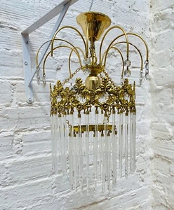 27" x 11" Antique Petite French Chandelier, Glass Prism, Tiered, Brass, Pendant - Picture 1 of 10