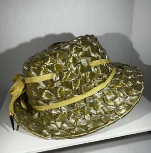 Años 50 Vintage SCHIAPARELLI París Paja Suave Aladas Sombrero de Paja Borde Oro Oro - Imagen 1 de 11