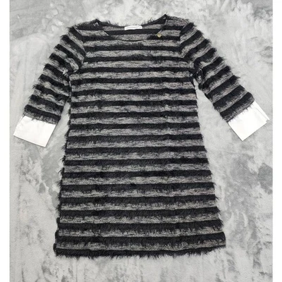 Rinascimento Dress Womens Black Striped Fuzzy Eyelash Knit 3/4 Sleeves Cuffed - Image 1 of 4
