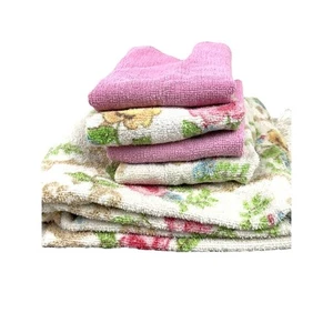 Vintage Lot 5 Cannon Towels – White Pink Roses Fringe Bath & Washcloth Set - Picture 1 of 8