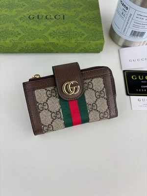 GG Monogram Canvas Leather Zip Coin Card Wallet Small Compact New - Immagine 1 di 4