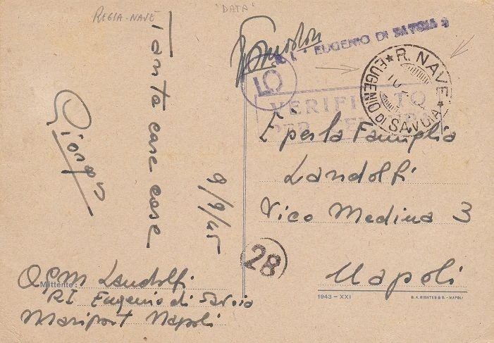 1945 ITALY - POSTCARD WITH CANCELLATION DIRECTOR SHIP EUGENIO DI SAVOY - Image 1 of 1