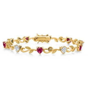 18K Yellow Gold Plated Silver Heart Shape White Moissanite Created Ruby and - Picture 1 of 4