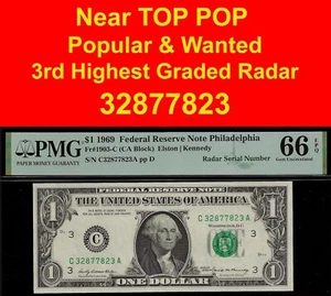 1969 $1 Federal Reserve Note PMG 66EPQ 3rd highest graded radar 32877823 - Picture 1 of 4