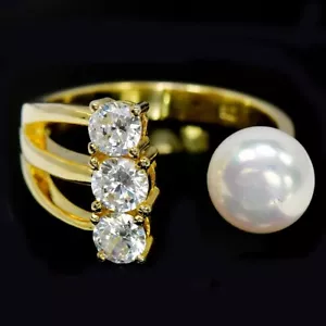 925 STERLING SILVER RING WHITE PEARL ROUND & CZ GEMSTONE ADJUSTABLE FREE SIZE - Picture 1 of 8