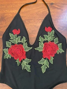 Floral Halter Open Back Bodysuit with Elastic Straps  Size L - Picture 1 of 7