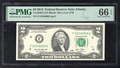 FR. 1940-F 2013 $2 FRN “LADDER S/N F12345660A” PMG GEM UNCIRCULATED-66EPQ - Image 1 of 2