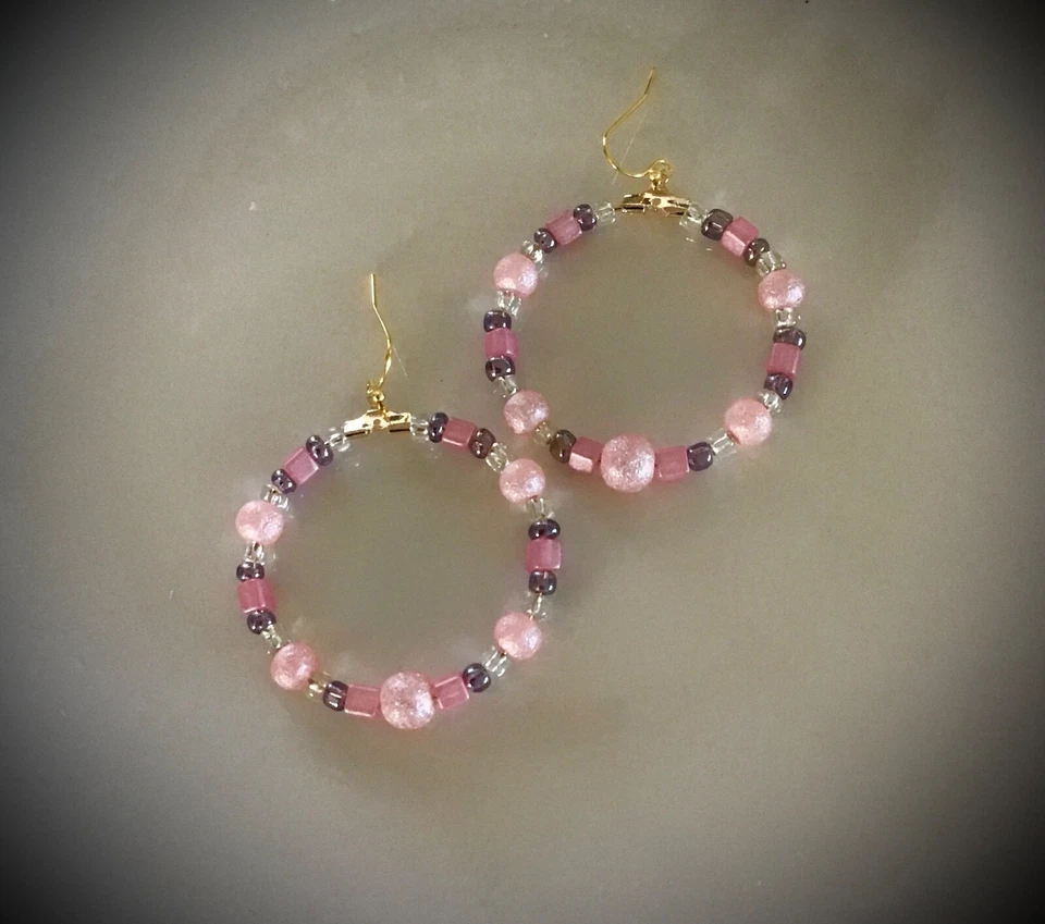Beaded Hoop 1.5 Inch Earrings - Pink Color Beads - Gold Hoops - Boho - Image 1 of 1