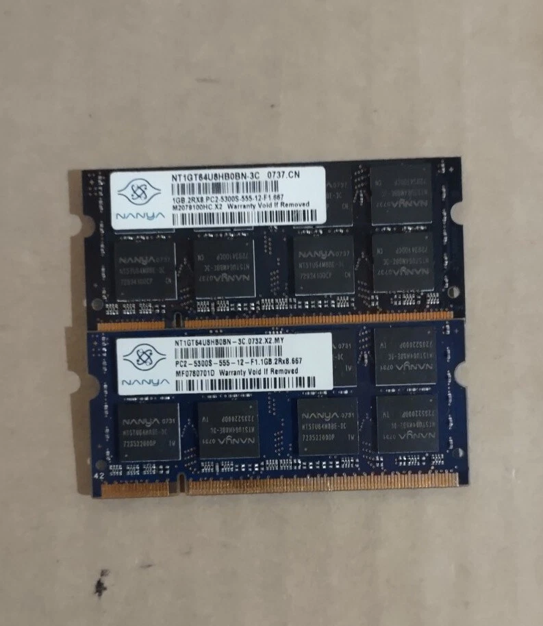 2 X 1GB NANYA DDR2-667 PC2-5300S MEMORY SODIMM - NT1GT64U8HB0BN-3C - 2GB TOTAL - Image 1 of 1