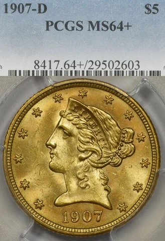 1907-D $5 PCGS MS64+ Liberty Head Half Eagle PLUS Graded Cover