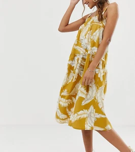 ASOS DESIGN Gold Palm Leaf Print Strappy Dress Cotton Drop Waist Beach Sundress - Picture 1 of 10