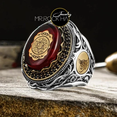 Seal of King Solomon,Red Amber Stone,Handmade Engraving,925K Silver Men's Ring - Image 1 of 4
