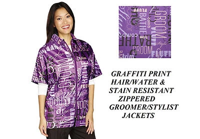GRAFFITI  Purple Print STYLIST BARBER GROOMER JACKET Coat Hair Water Resistant - Image 1 of 2