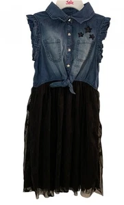 Justice Girls Denim And Lace Shirt Dress Blue/Black Size 10 Snap Front Stars - Picture 1 of 12