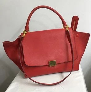 Celine Shoulder Purse Coquelicot Trapeze Suede/lther Red/ Gold Hardware Size Med - Picture 1 of 19