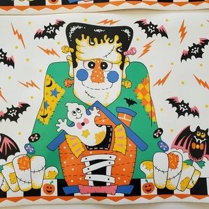 Vintage B&D Vinyl Tischset 2er Set Halloween Frankenstein Fledermäuse Geist 18x11,5" Fehler - Bild 1 von 10