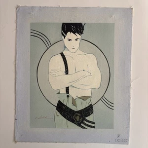 Airbrush Canvas Art Male Semi-Nude Deco Style Signed 13x11 80s Vintage - Picture 1 of 7