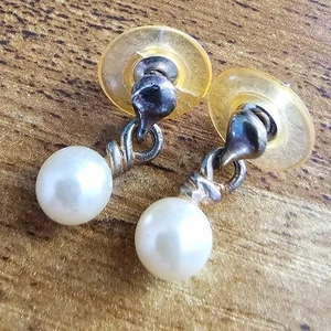 Vintage 1990s Stud Earrings w/ Single Dainty Pearl Dangle Bead Silver Tone - Picture 1 of 3