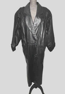Abrigo de cuero vintage G-III para mujer grande negro largo trinchera maxi hecho en EE. UU. AÑOS 80 Foto 1 de 4