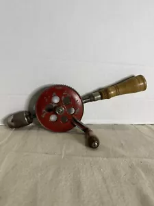 Vintage Handkurbel Bohrmaschine Holzgriff rote Oberfläche getestet funktioniert - Bild 1 von 8