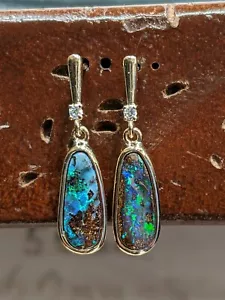 Solid Boulder Opal 9K Yellow Gold Earrings With Diamonds - Picture 1 of 2