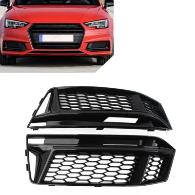 Fit Audi A4 B9 S4 2016-2018 Honeycomb Fog Light Grille Cover Glossy Black - Image 1 of 4