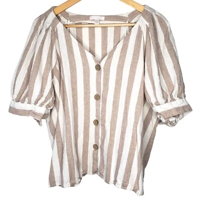 Blusa LC Lauren Conrad manga folhada mistura de linho tamanho XXL listras bronzeadas costeira preppy - Imagem 1 de 4
